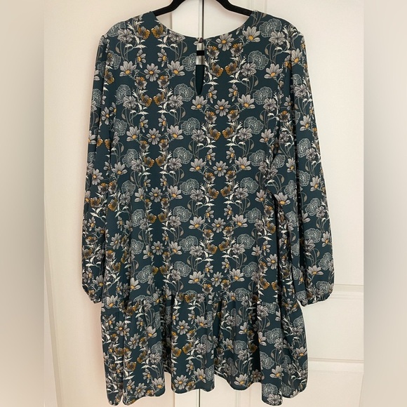 Caslon Long Sleeve Crewneck A-Line Shift Midi Dress, Green Yellow Floral Size 3X - Picture 6 of 10